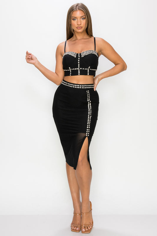 Rhinestone Corset Top & Midi Slit Skirts Set