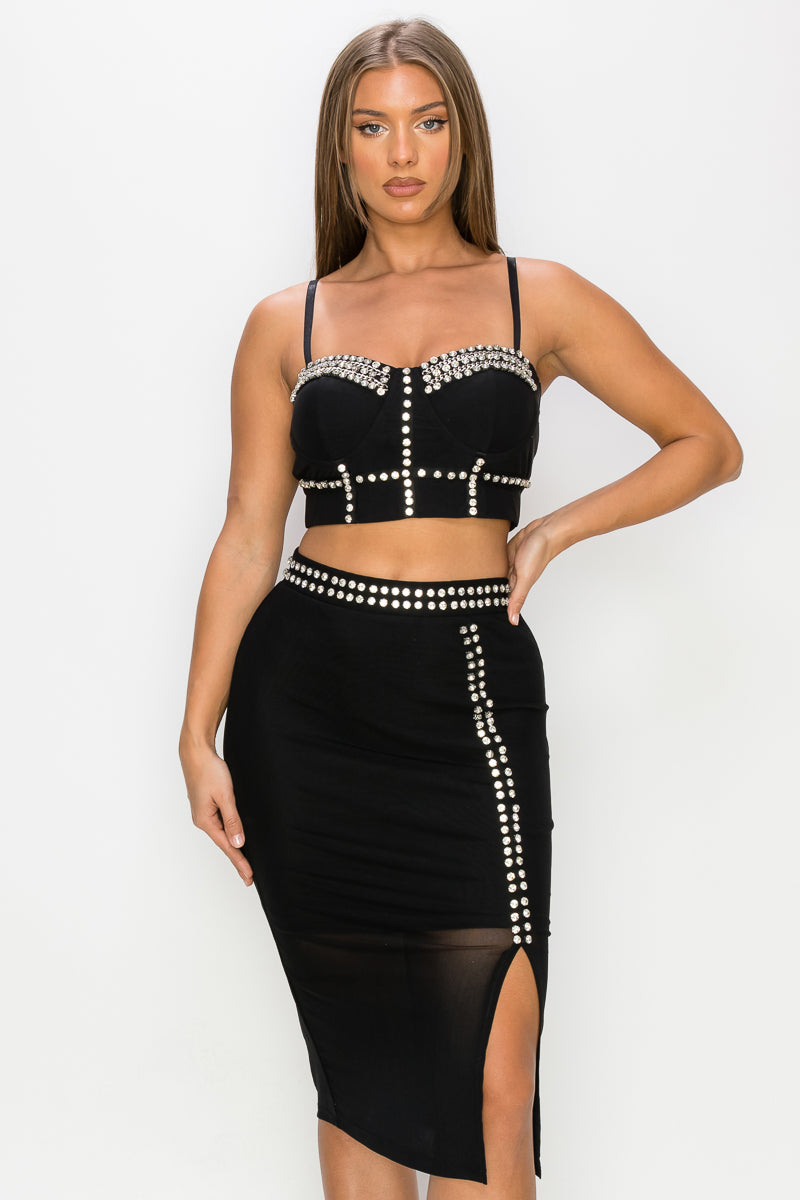 Rhinestone Corset Top & Midi Slit Skirts Set