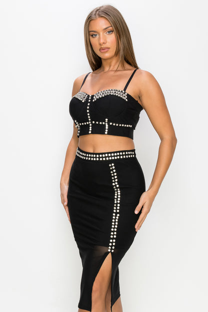 Rhinestone Corset Top & Midi Slit Skirts Set