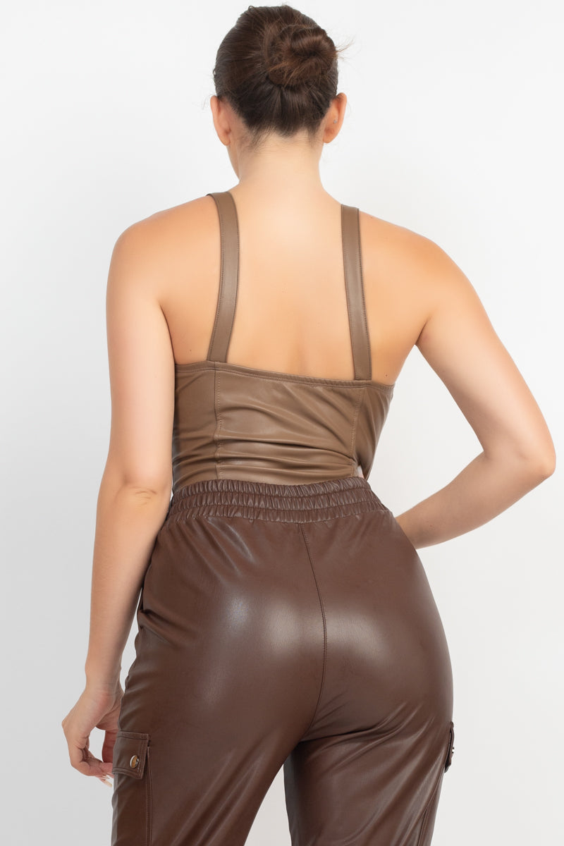 Faux Leather V-Bar Bodysuit