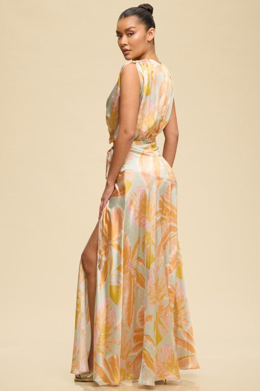 PALMS PRINTED SATIN MAXI SUMMER DRESS