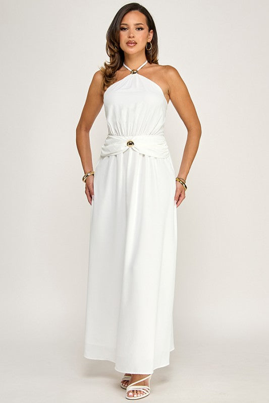 HALTER NECK MAXI DRESS WITH GOLD METAL TRIMS