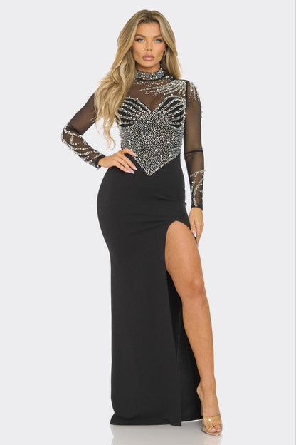 RHINESTONE CHEVON MAXI PARTY DRESS