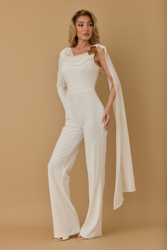 SHEER ASYMMETRIC DRAPÈ JUMPSUIT