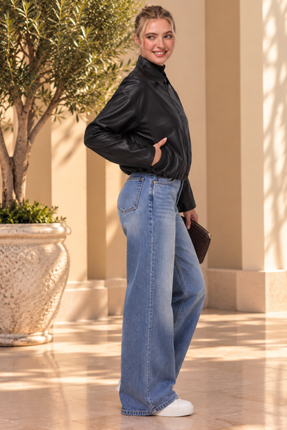 CROPPED FAUX LEAHER BOMBER JACKET