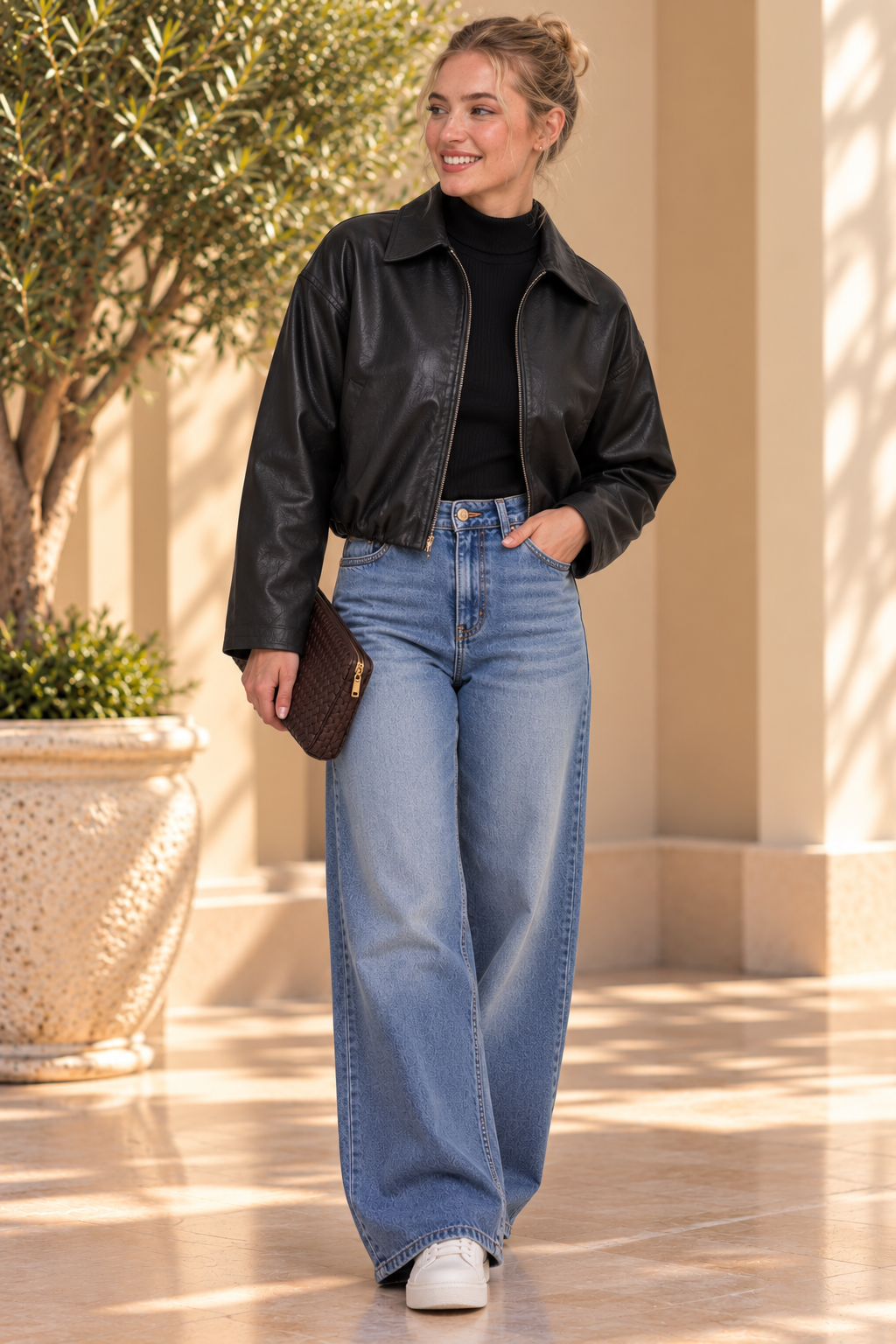 CROPPED FAUX LEAHER BOMBER JACKET