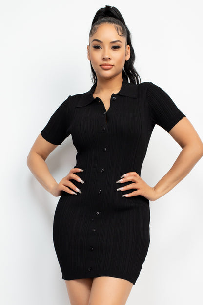 Collared Short Sleeve Buttoned Bodycon Knit Dress