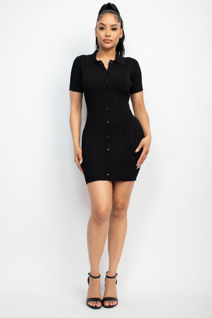 Collared Short Sleeve Buttoned Bodycon Knit Dress