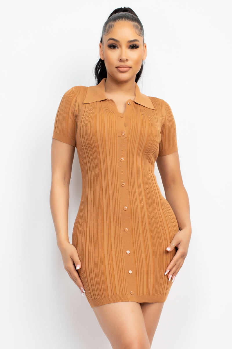 Collared Short Sleeve Buttoned Bodycon Knit Dress – Bella Chica