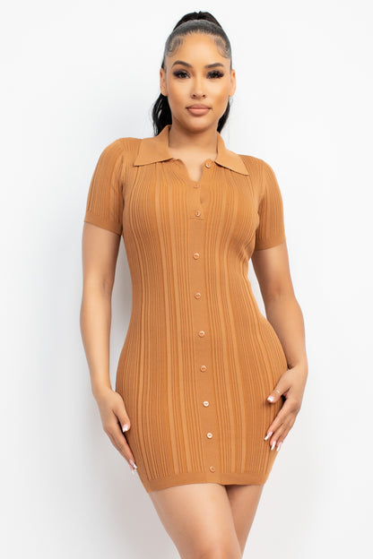 Collared Short Sleeve Buttoned Bodycon Knit Dress