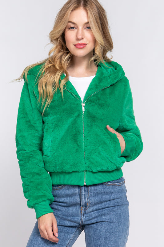 FAUX FUR ZIP UP HOODIE JACKET