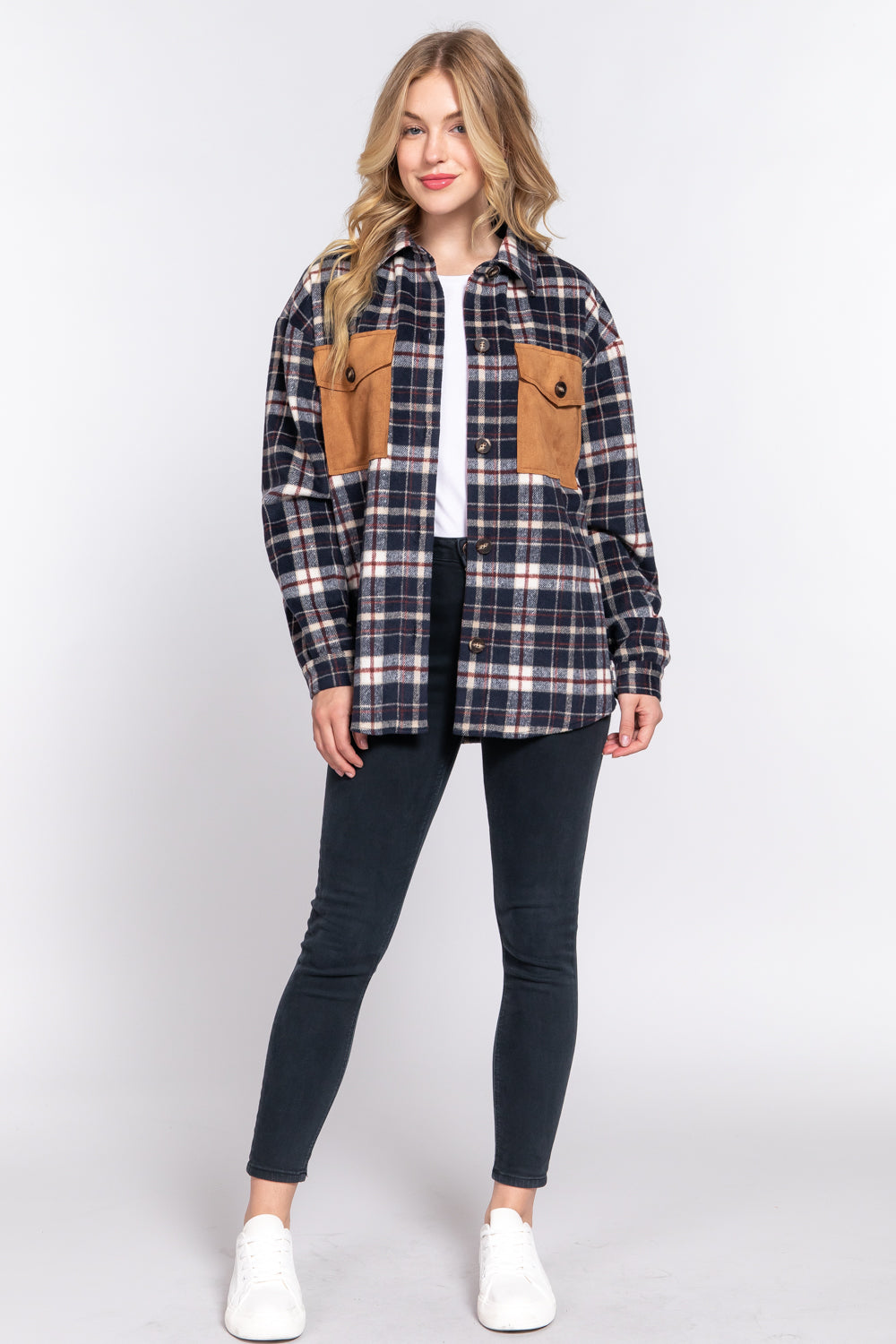 SUEDE POCKET BRUSHED PLAID SHACKET