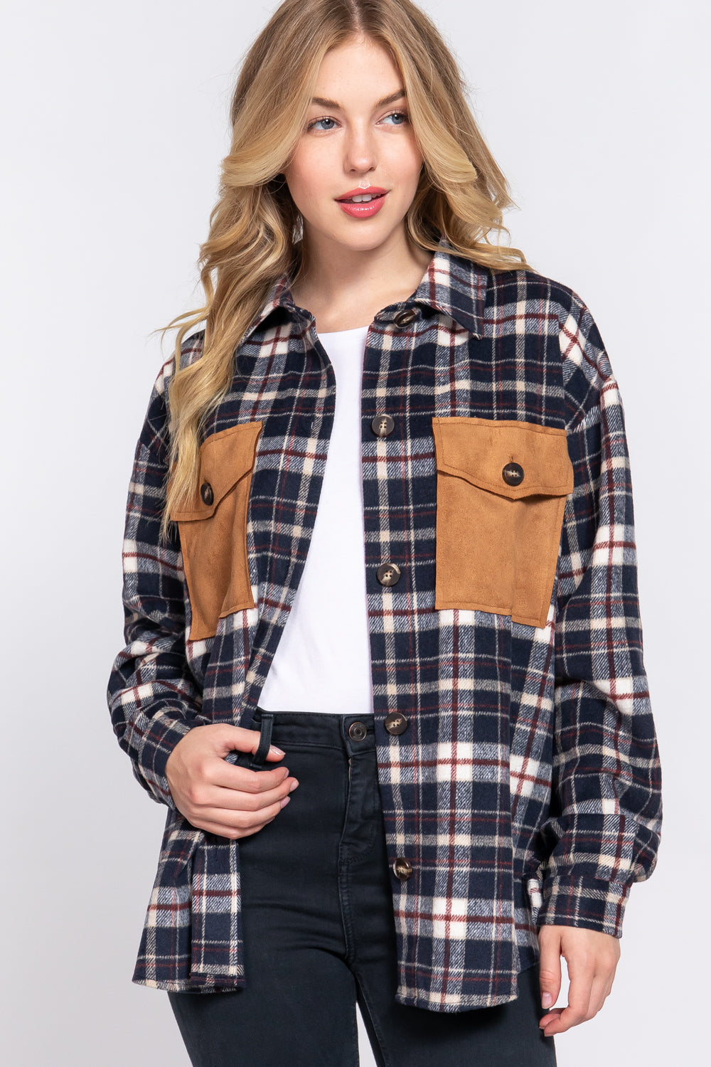 SUEDE POCKET BRUSHED PLAID SHACKET