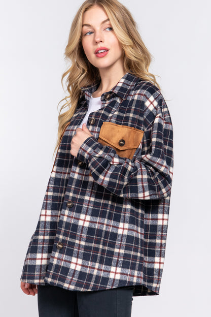 SUEDE POCKET BRUSHED PLAID SHACKET