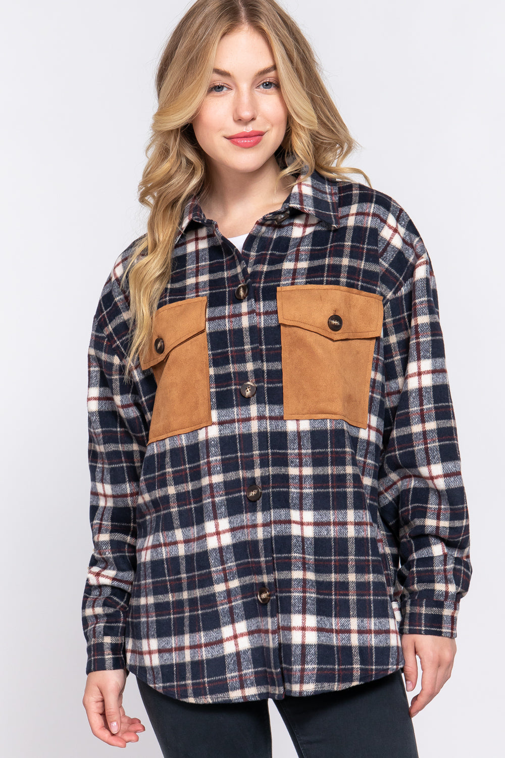 SUEDE POCKET BRUSHED PLAID SHACKET