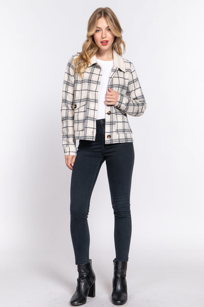 FAUX FUR COLLAR PLAID SHACKET