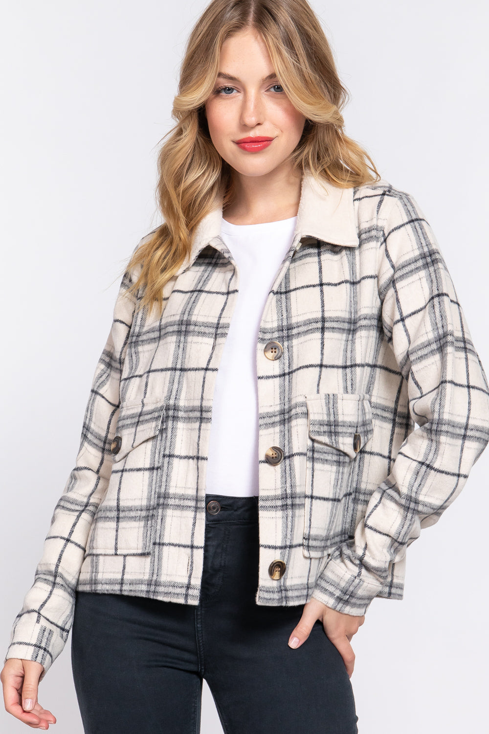 FAUX FUR COLLAR PLAID SHACKET