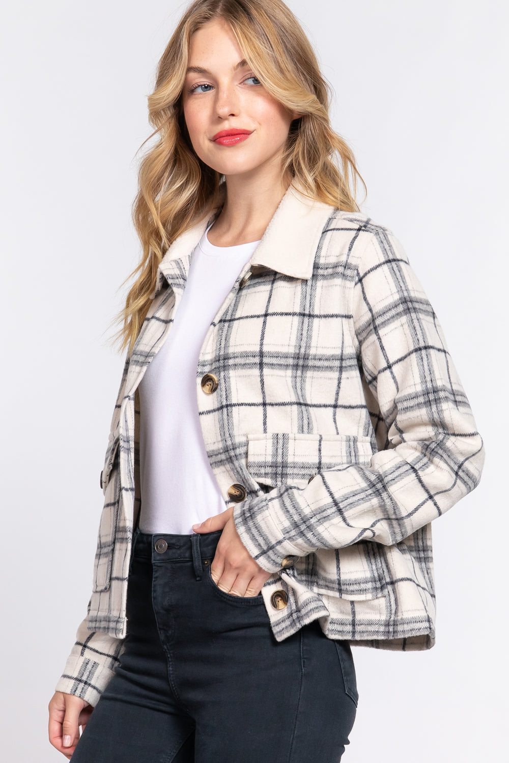 FAUX FUR COLLAR PLAID SHACKET