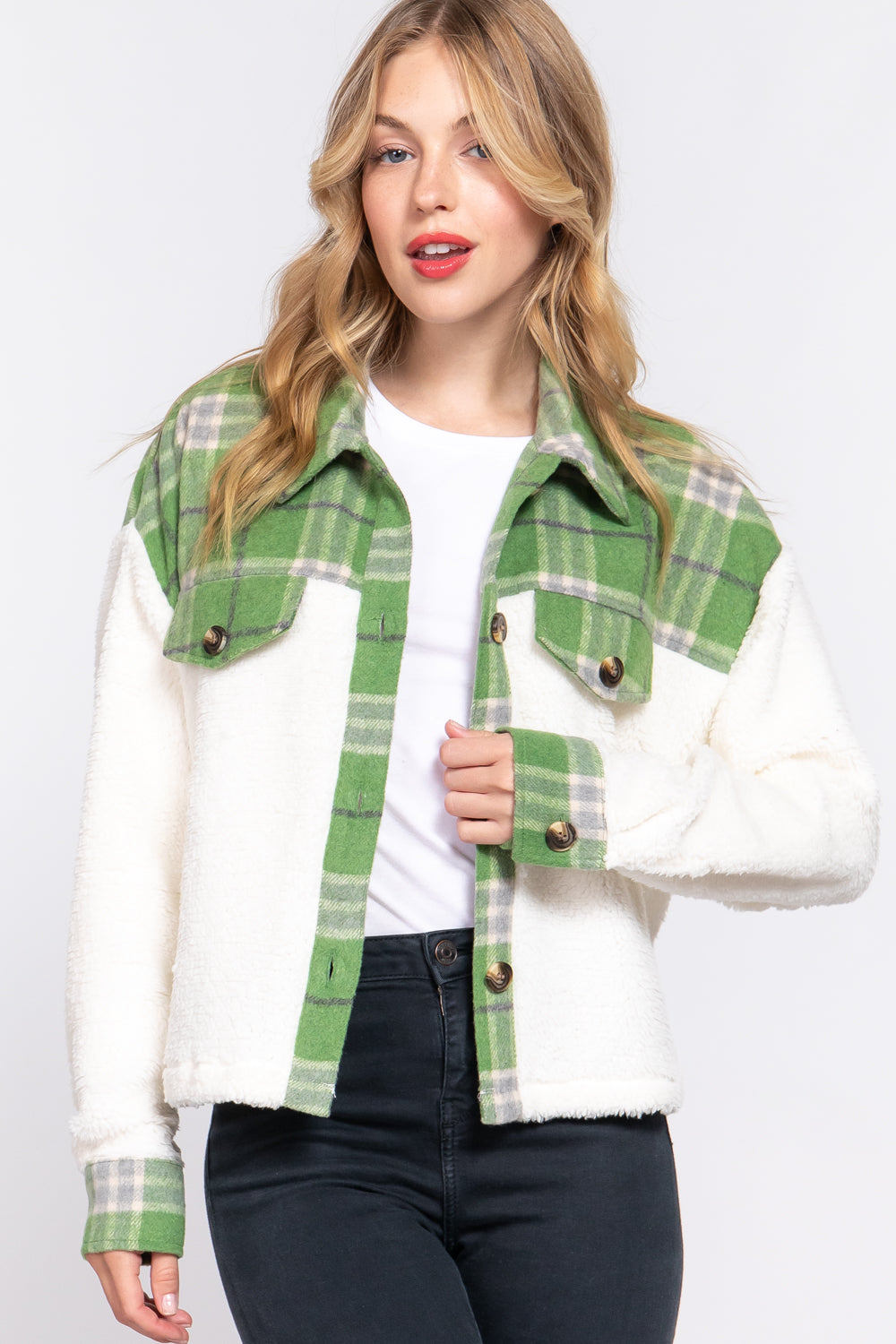 BUTTON DOWN PLAID CONTRAST FAUX FUR JACKET