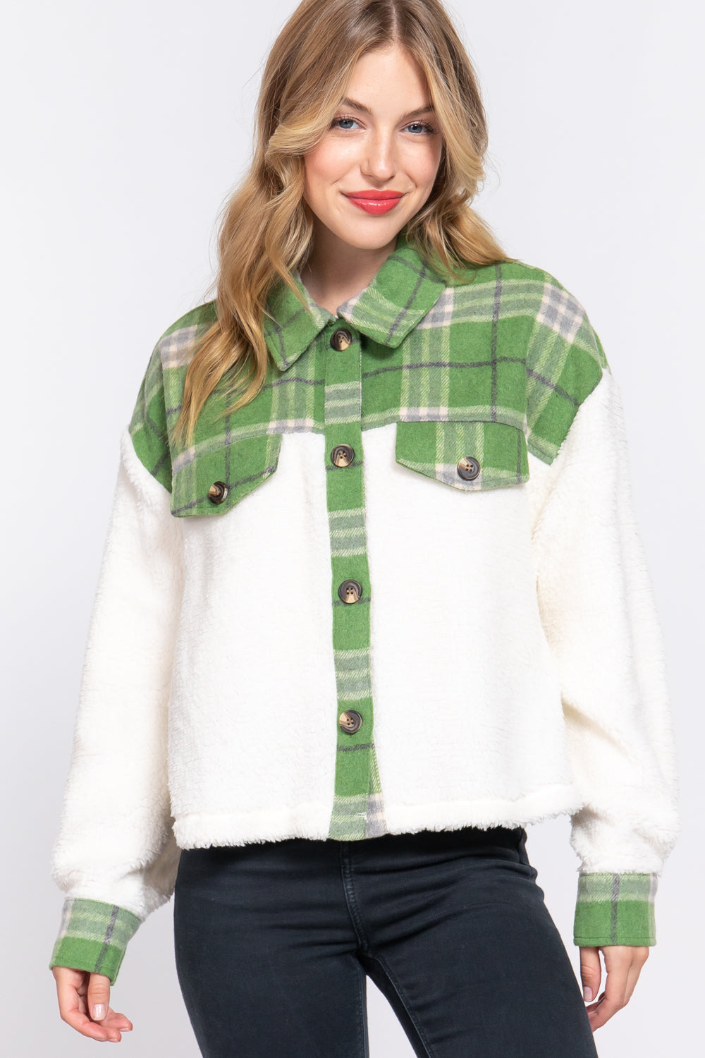 BUTTON DOWN PLAID CONTRAST FAUX FUR JACKET