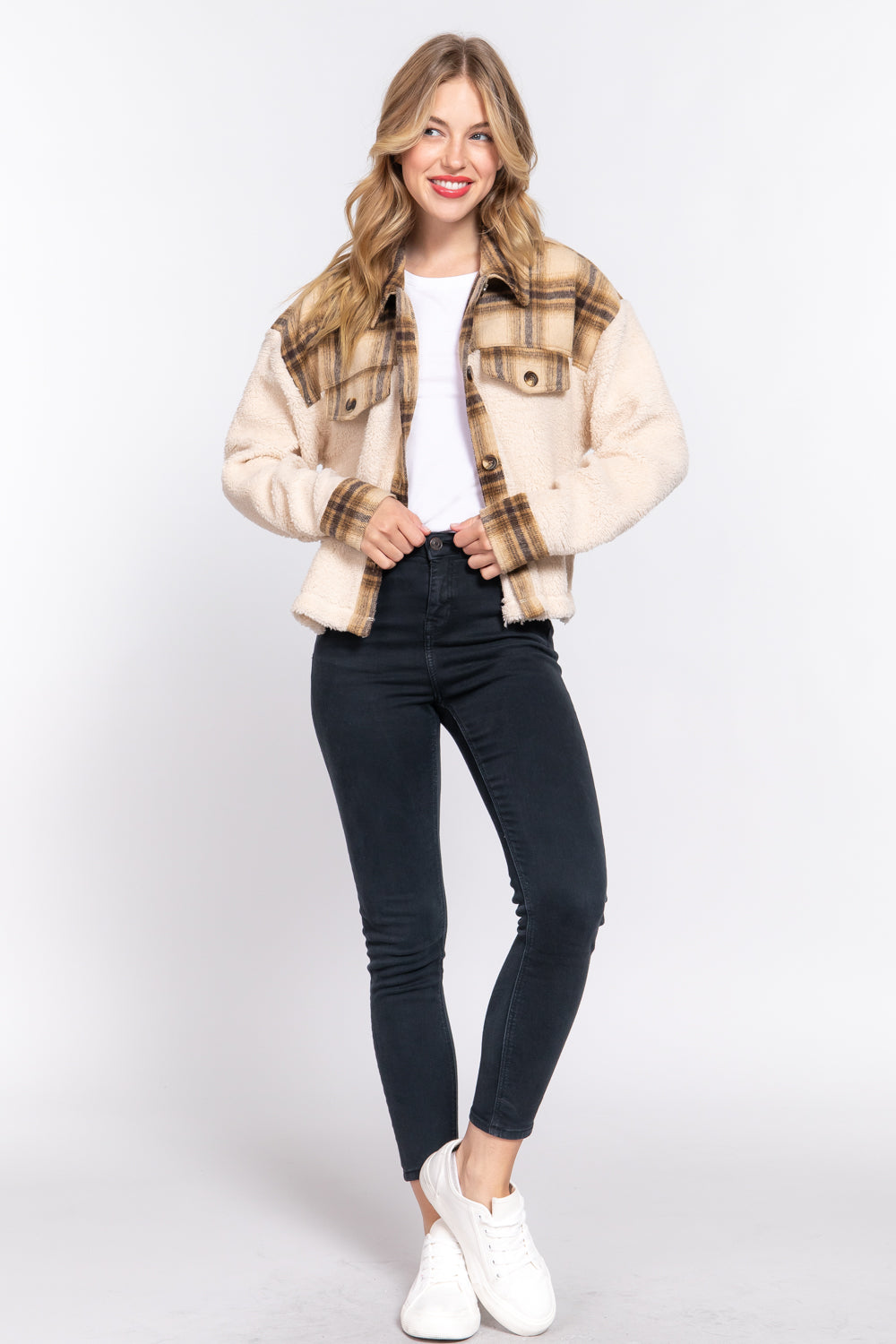 BUTTON DOWN PLAID CONTRAST FAUX FUR JACKET