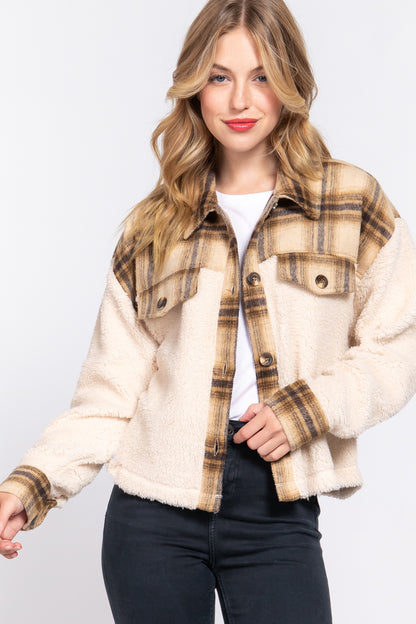 BUTTON DOWN PLAID CONTRAST FAUX FUR JACKET