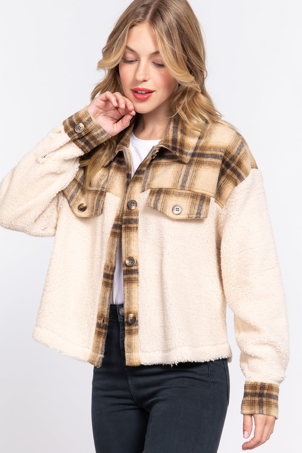 BUTTON DOWN PLAID CONTRAST FAUX FUR JACKET