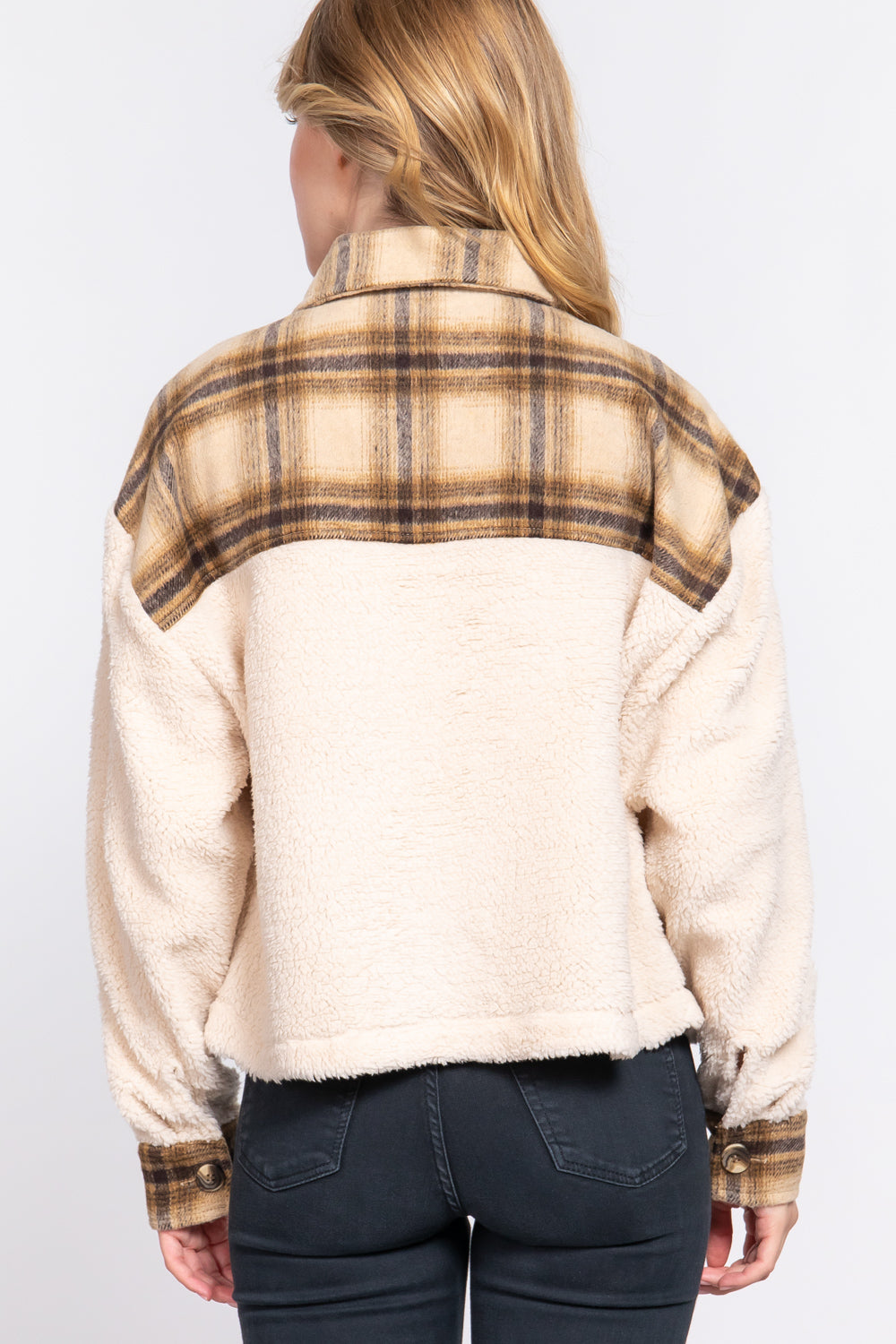 BUTTON DOWN PLAID CONTRAST FAUX FUR JACKET