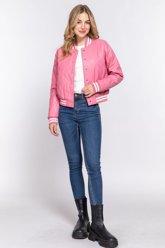 LONG SLV QUILTED PU BOMBER JACKET