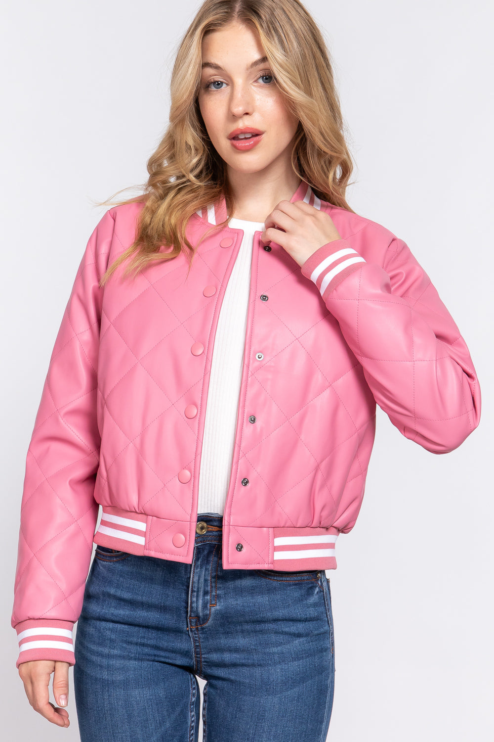 LONG SLV QUILTED PU BOMBER JACKET