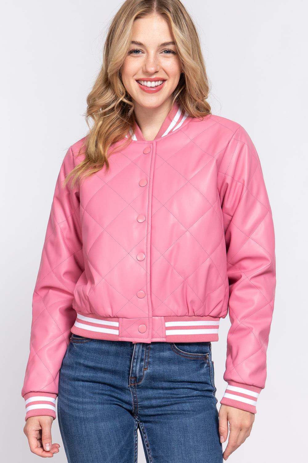 LONG SLV QUILTED PU BOMBER JACKET