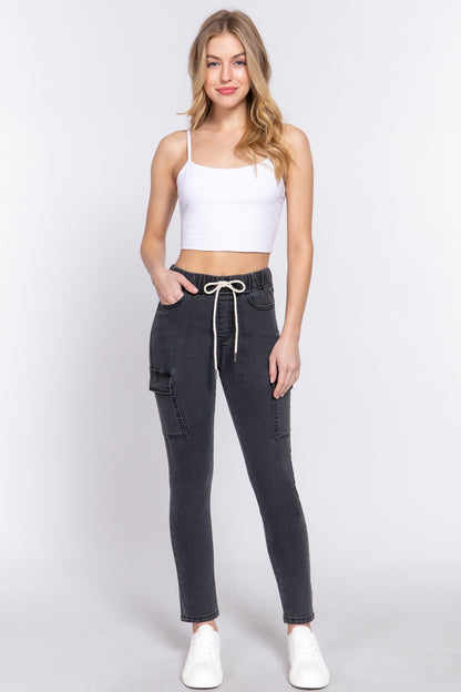 ELASTIC WAIST CARGO DENIM PANTS