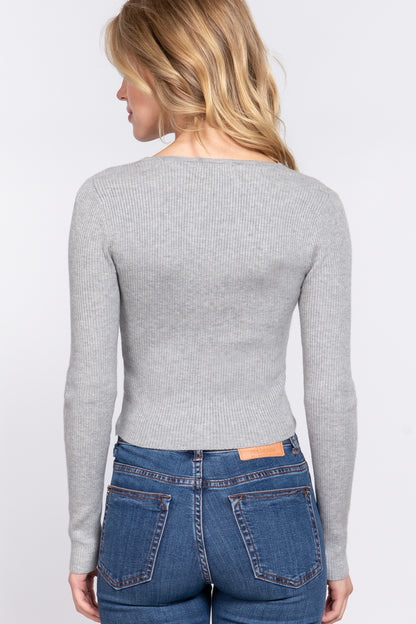 V-NECK SHIRRING TIE DETAIL SWEATER