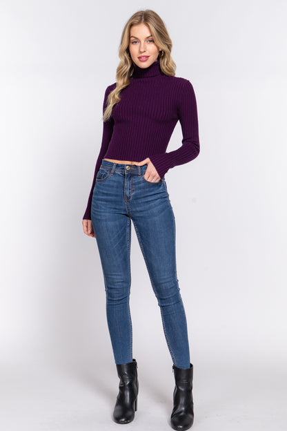 LONG SLV TURTLE NECK FITTED CROP RIB SWEATER