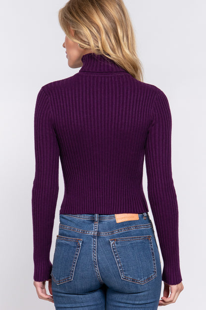 LONG SLV TURTLE NECK FITTED CROP RIB SWEATER