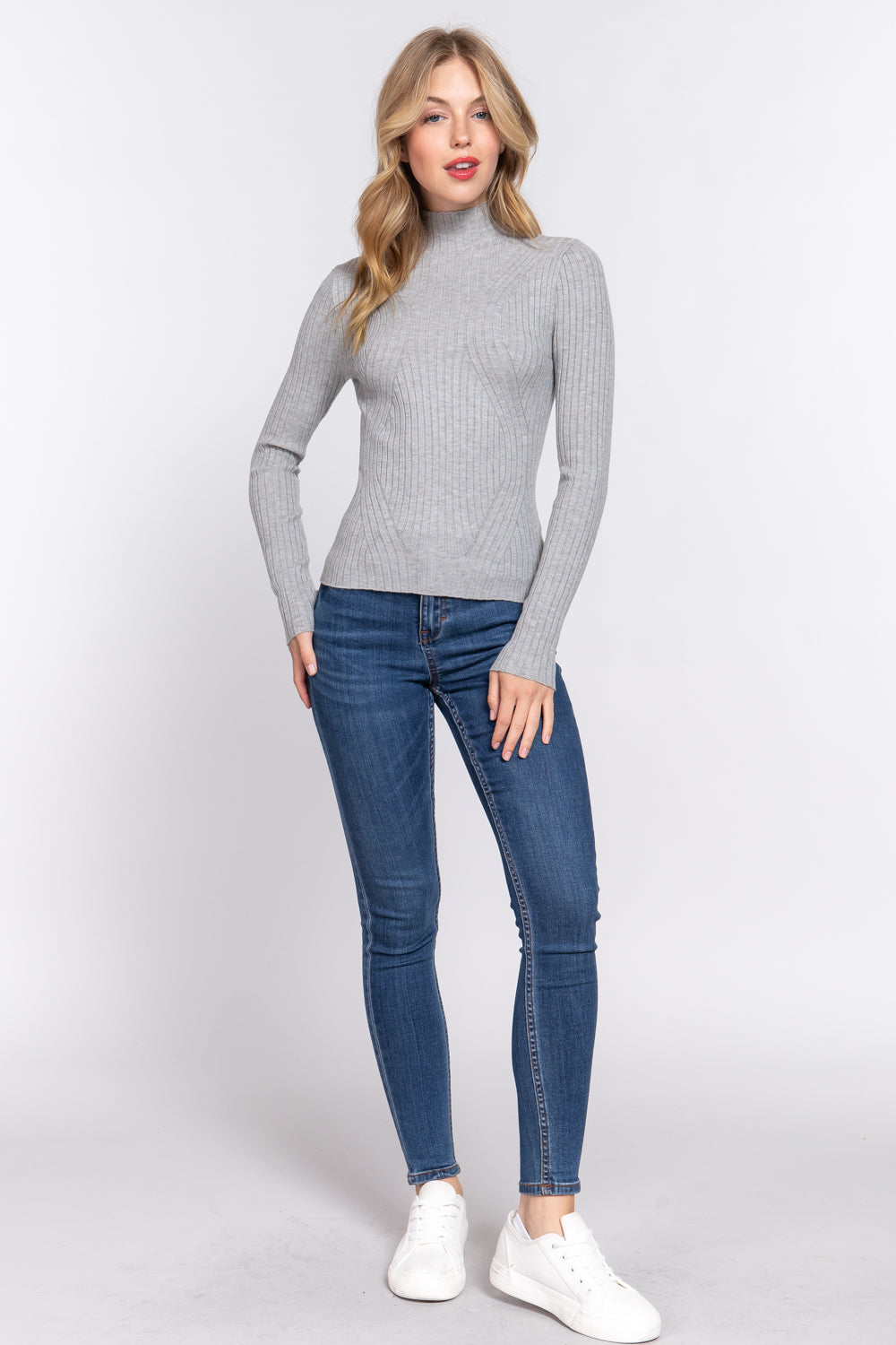 LONG SLV HIGH-NECK FITTED SWEATER