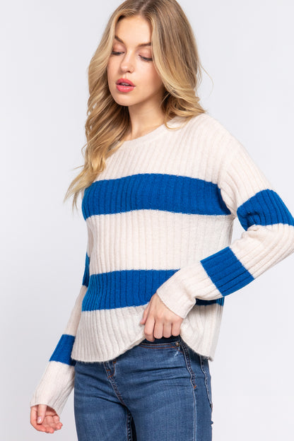 LONG SLV ROUND NECK STRIPE SWEATER