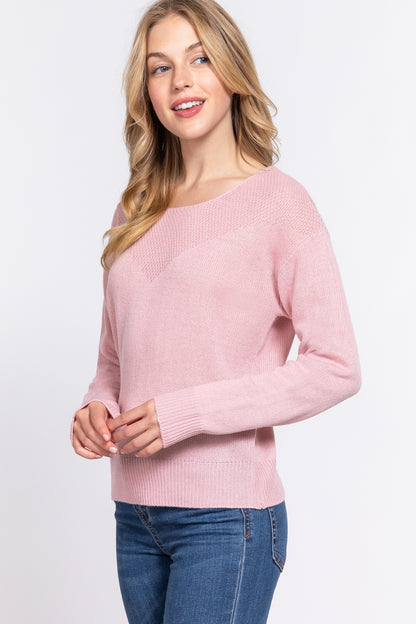 LONG SLV ROUND NECK WAFFLE DETAIL SWEATER