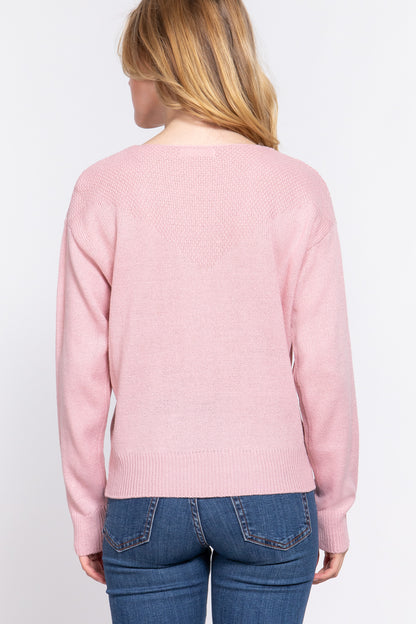 LONG SLV ROUND NECK WAFFLE DETAIL SWEATER