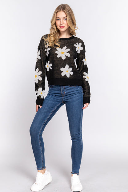 LONG SLV FLOWER PATTERN JACQUARD SWEATER