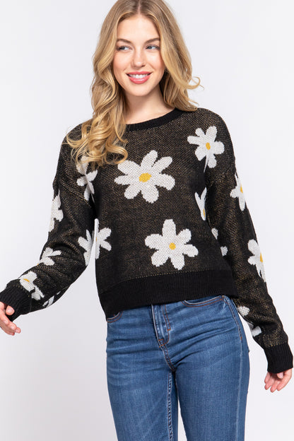 LONG SLV FLOWER PATTERN JACQUARD SWEATER