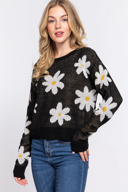 LONG SLV FLOWER PATTERN JACQUARD SWEATER