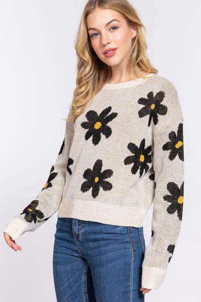 LONG SLV FLOWER PATTERN JACQUARD SWEATER