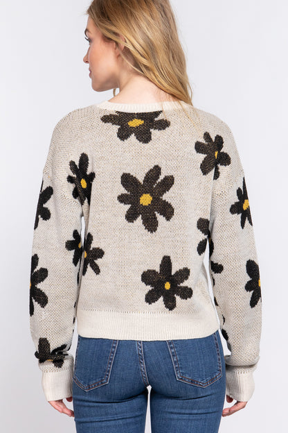 LONG SLV FLOWER PATTERN JACQUARD SWEATER