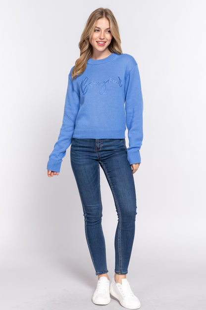 LONG SLEEVE CREW NECK EMBROIDERY SWEATER