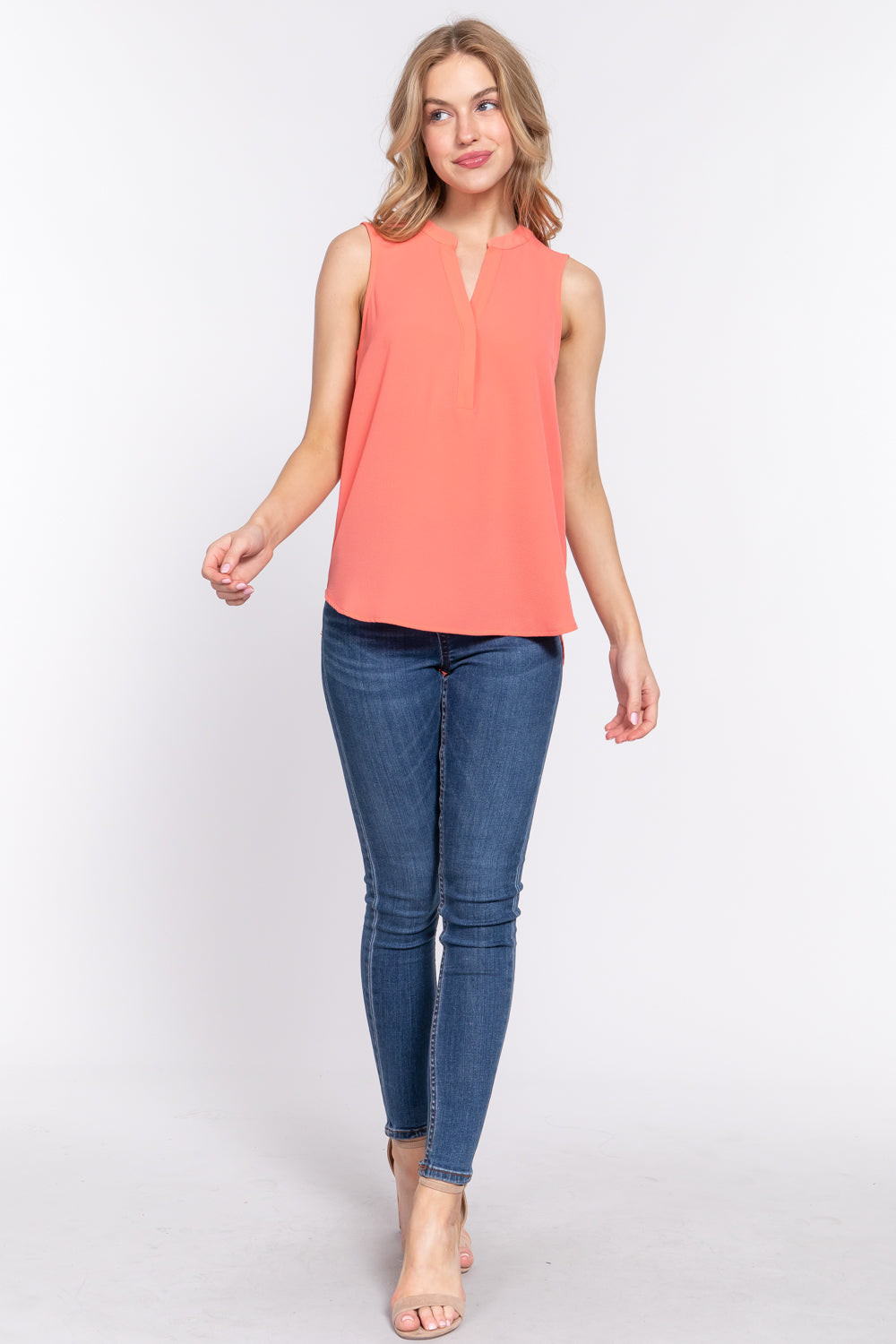 SLEEVELESS HENLEY NECK WOVEN TOP