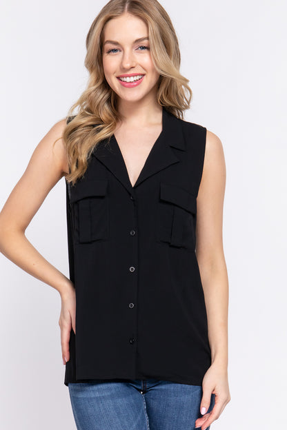 SLEEVELESS LAPEL COLLAR WOVEN SHIRT