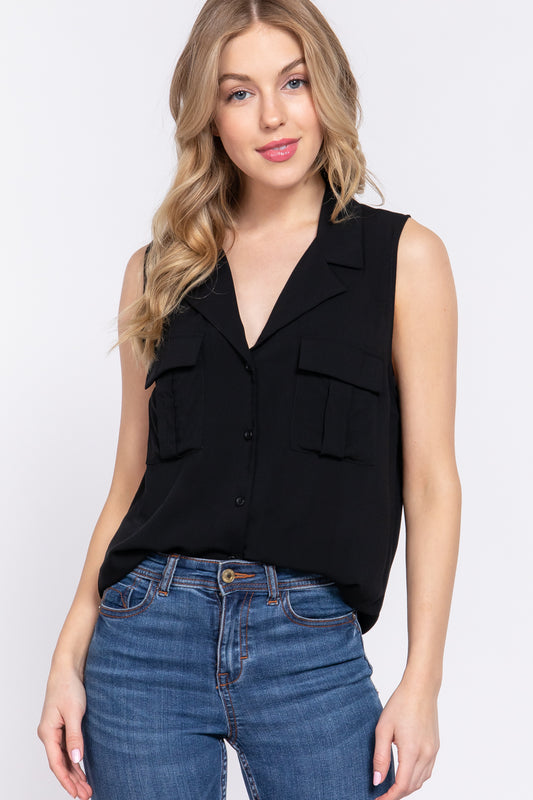 SLEEVELESS LAPEL COLLAR WOVEN SHIRT