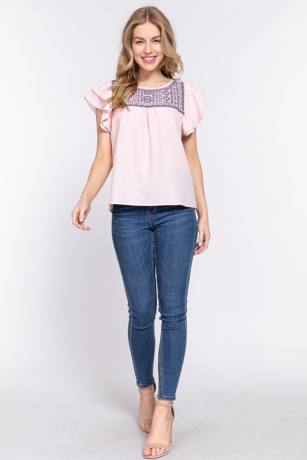 RUFFLE SLV EMBROIDERED YOKE TOP