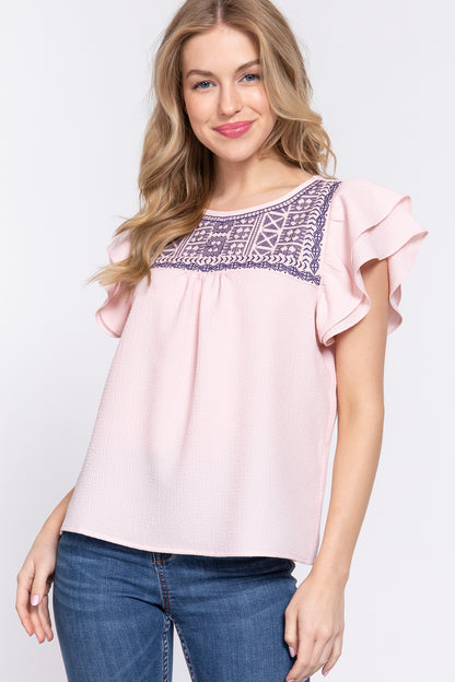 RUFFLE SLV EMBROIDERED YOKE TOP